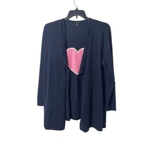 Talbots Woman 2X Open Front Cardigan Navy Pink Heart Sweater Long Sleeve Soft
